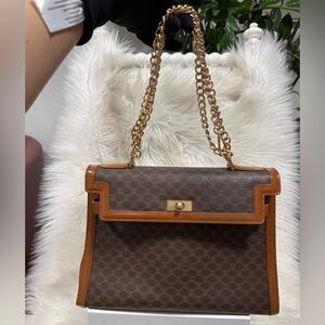 Authentic Celine Elegant Brown Macadam Handbag with Gold Chain